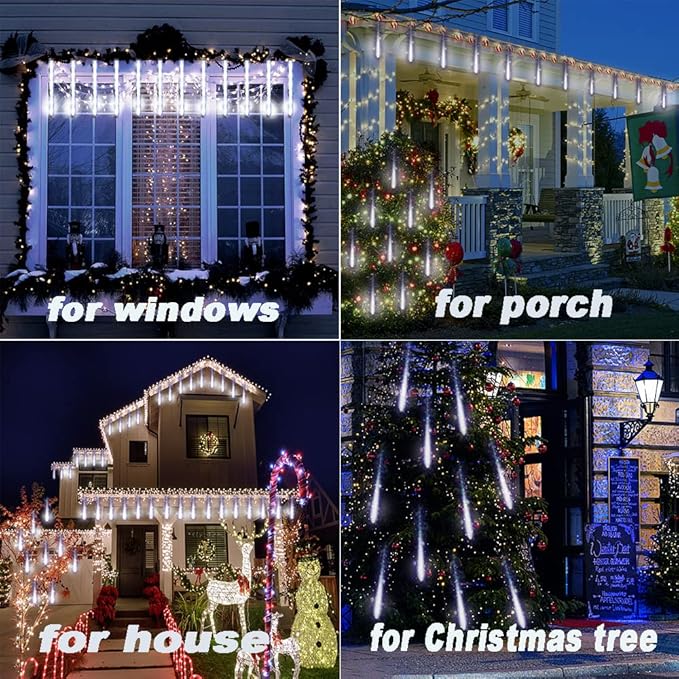 Aokudoni Christmas Lights Outdoor, Upgraded 16 inch /40cm Meteor Shower Lights 8 Tube Falling Rain Light Icicle String Lights for Xmas Tree New Year Party Wedding Decorations, UL Plug, White