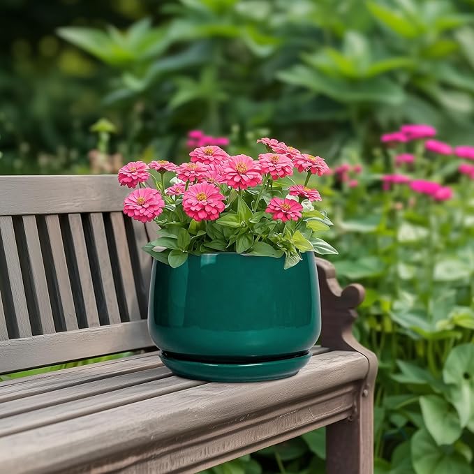 G EPGardening Ceramic Planter for Indoor Plants - 7 Inch Plant Pot, Round Planter with Drainage and Saucer, Round Flower Pots for Outdoor, Modern Desk Decor, Gift for Women Men, Green