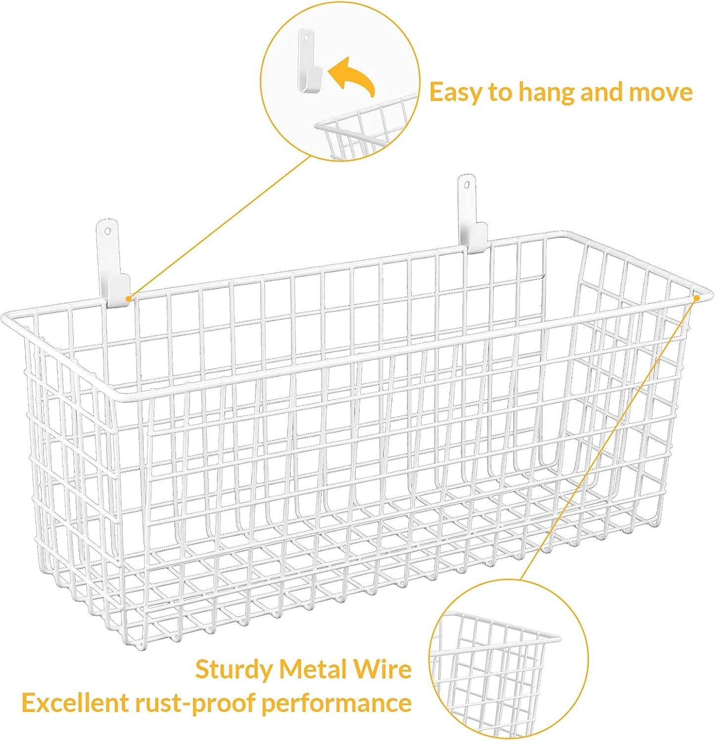 2 Sets Extra Large Hanging Wall Basket, White Metal Wire Baskets with Steel Hooks for Organizing, WallmountedFruit Vegetable Toy Snack Storage, Home Kitchen Bathroom Laundry Pantry Organizer