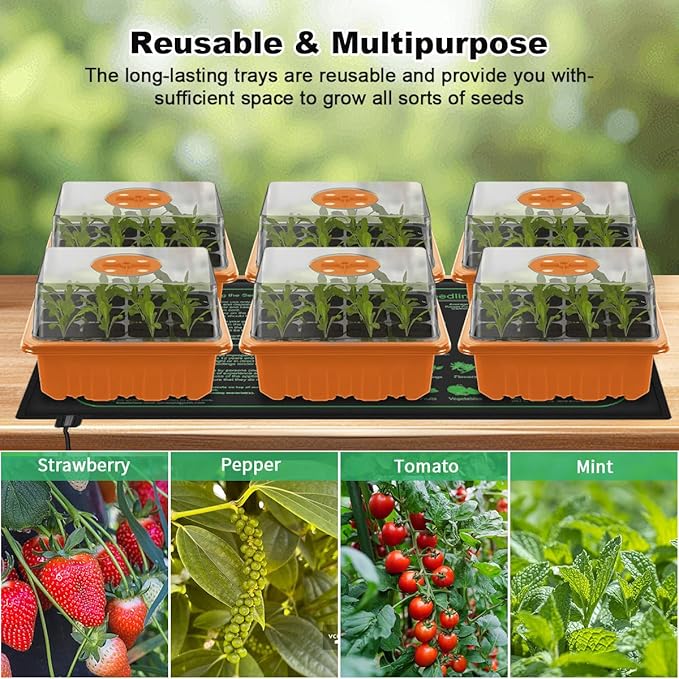 GooingTop Seedling Trays + Heat Mat 10''x20.7'', 6 Pack 72 Cells Plant Grow Starter with Adjustable Humidity Vent for Mini Greenhouse Garden Germination,Bonsai Seed Starting Growing