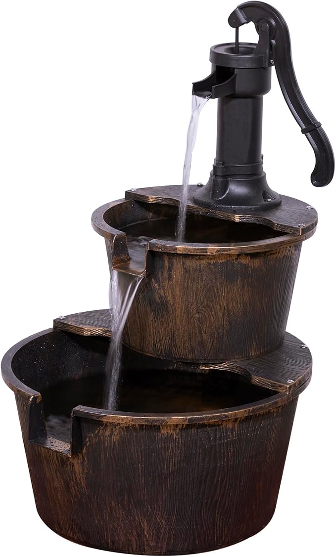 Alpine Corporation - Outdoor Rustic 2-Tiered Barrel and Pump Water Fountain – Bronze Finish, Relaxing Water Flow, Ideal for Garden, Patio, & Yard Décor, 27"H
