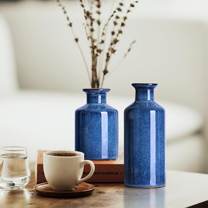 Blue Ceramic Vase Set of 3,Home Decorative Flower Vase,Small vase Set for Farmhouse Living Room Bedroom Tabletop Decor,Office Bookshelf Centerpiece Entrance Decoration