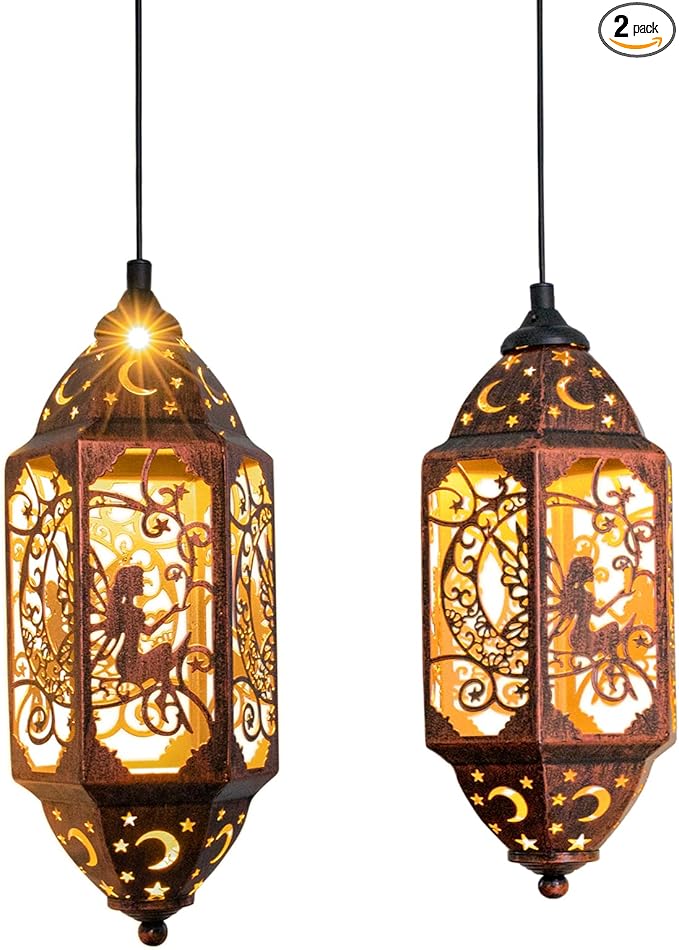 Go2garden 12.4" Outdoor Solar Lanterns Waterproof Garden Gifts Women, Moon Fairy Statue Solar Haning Lights for Patio, Yard Decorations, Mothers Day Gifts for Mom, Grandma(2Pack, Red Copper)