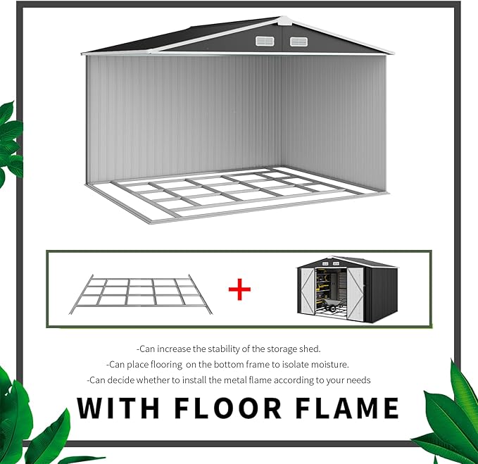 Aoxun 9.4x7.3x6.5 FT Outdoor Storage Shed with Base Outdoor Metal Shed for Tool, Garden, Bike, Placed in Patio, Garden Base Included (Black)