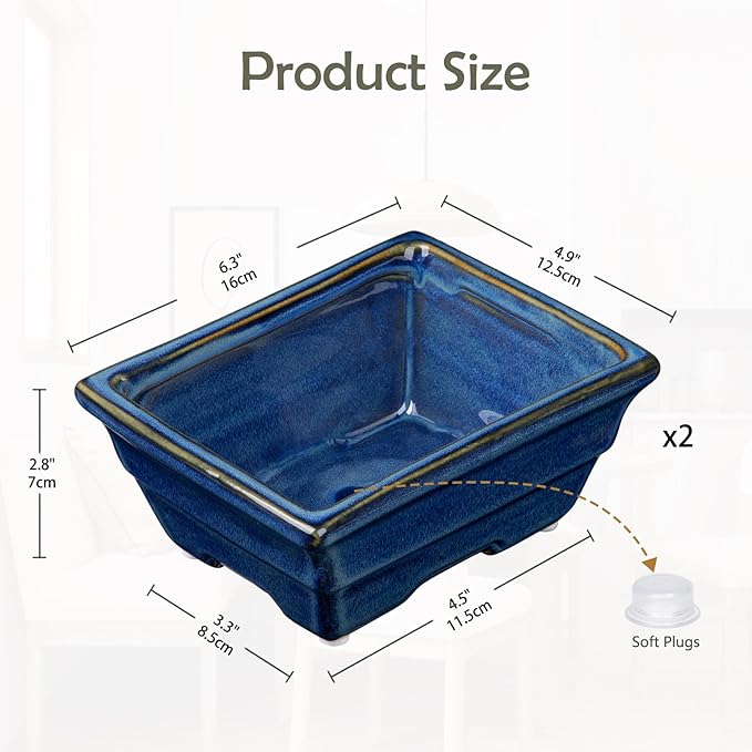 Bonsai Pots Shallow Succulent Planters for Live Bonsai Trees Set of 2, 6.3" Ceramic Pot for Succulents Indoor with Drainage Hole, Outdoor Cactus Plant Bonsai Pot，Ceramic Flower Pot