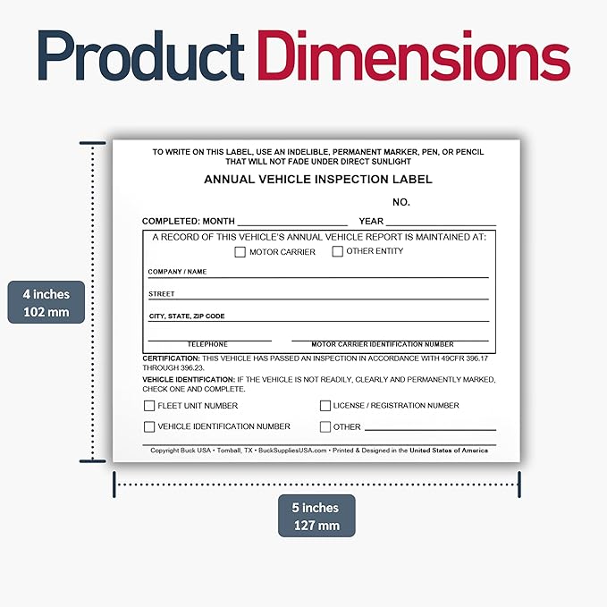 25 Pack Buck Annual Vehicle Inspection Label, 2-Ply Adhesive Vinyl with Mylar Laminate, FMCSA & DOT Compliant, Weatherproof, Tear Resistant, Easy to Write On, 5" x 4" - Made in USA