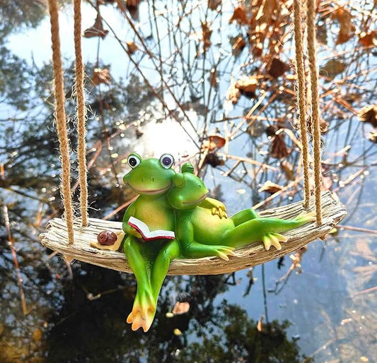Artisan Flair Hanging Swing Frog Statues - Frog Statues for Garden Outdoors, Reading Book Frog Statue Figurine, Resin Couple Frog Statue for Garden, Balcony, Tree Decoration