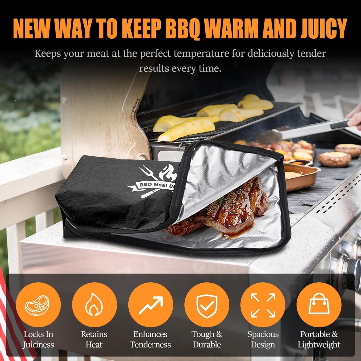 BBQ Blanket for Resting Meat, 22 in Smoker Meat Resting Blanket, Reusable Smoker Grilling Meat Insulated Resting Bag with Wide Mouth for Large Gifts for Men/Dad with Box, Black