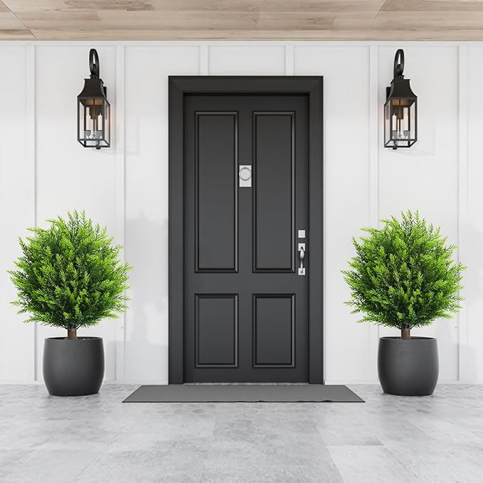 26.5" Artificial Cedar Topiary Ball Trees, Set of 2 UV Resistant Fake Evergreen Trees Shrubs Bushes Artificial Plants with Ground Spike Faux Cypress Plants for Indoor Outdoor Front Porch Garden