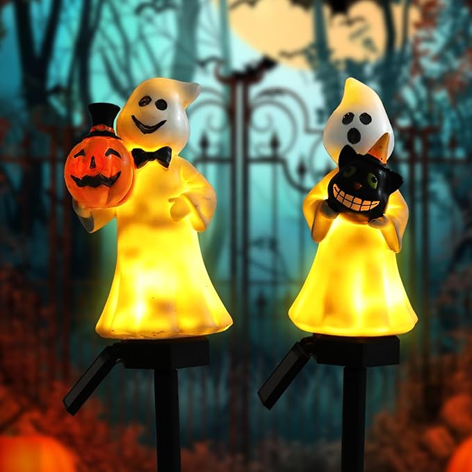 Halloween Decorations – Set of 2 Solar-Powered Ghost Decor with LED Lights, Weather-Resistant Outdoor Lighting for Garden, Pathways, and Parties