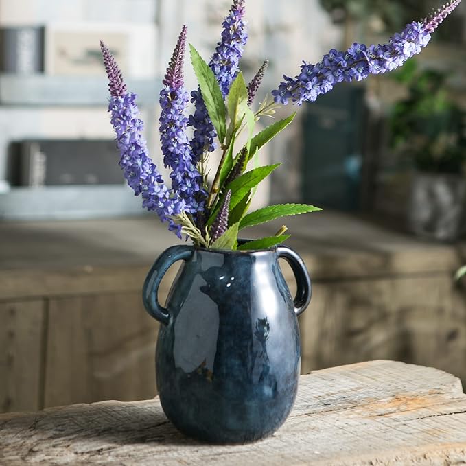 Blue Ceramic Vase with 2 Handles, Modern Farmhouse Decor, Rustic Terracotta Pottery, Decorative Flower Vases, Clay Small Vase, Centerpiece for Dining Table - 7 Inch Tall