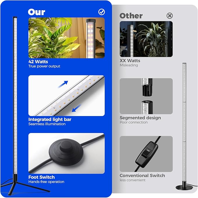 Barrina Grow Lights for Indoor Plants with Stand, 42W 169 LEDs Full Spectrum Wide Illumination Area, T10 Vertical Standing Plant Grow Light, 4FT Height with On/Off Switch and Tripod Floor Stand