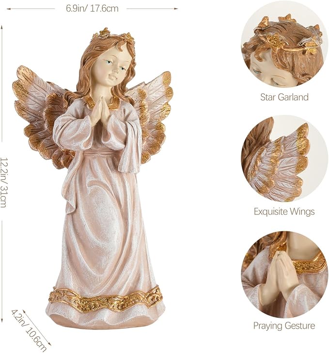 Angel Garden Statue,Memory Guardian Solar Garden Decor with Warm Light,Waterproof Praying Angel Statue with Garland,Outdoor Garden Decor Sculpture for Lawn Yard Patio,Sympathy Gift,Apricot Pink