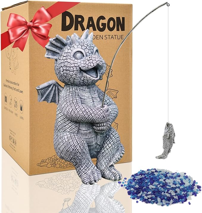 Goodeco Dragon Statue Garden Decor - Adorable Baby Fishing Dragon Figurines Outdoor Statues for Koi Pond/Fairy Garden Accessories,Gardening Gifts for Women 5.1 * 8.5 in