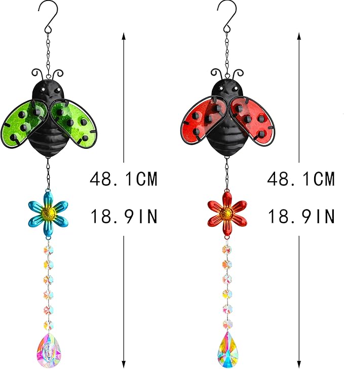 19'' Crystal Garden Suncatcher Decor Set 2 Stained Glass Metal Ladybugs Window Hanging Crystal Prisms Suncatcher for Outdoors Rainbow Maker (Red & Green)
