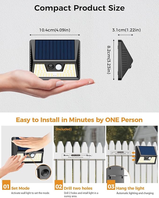 4 Pack Solar Motion Lights Outdoor, Waterproof Fence Lights Solar Powered with 3 Lighting Mode, Cold White LED Step Light for Outside Wall Yard Deck Stairs Garden - Black