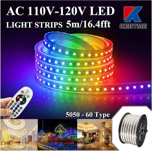 5050-60 Type AC 110-120V RGB LED Strip Lights, Flexible/Waterproof/Dimmable/Multi-Colors/Multi-Modes LED Rope Light + 24 Keys Remote for Home/Garden/Building Decoration (16.4ft/5m, RGB)