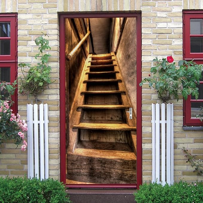 3D Door Stickers Murals Peel and Stick - Wooden Stairs - Door Wallpaper Self-Adhesive Door Decals Removable PVC Waterproof Door Poster for Bedroom Living Room Door 31.5" x 78.7"