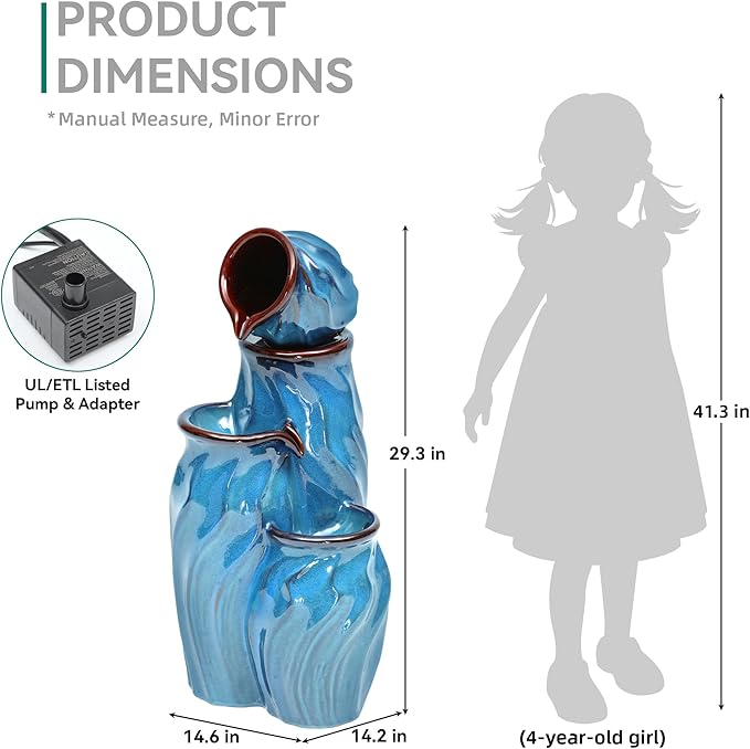 29" Tall Ceramic Outdoor Water Fountain with LED Lights, 4-Tier Cascading Jars Water Feature, Tranquil Waterfall for Relaxing Garden, Patio, Yard, or Porch, Turquoise, Dynamic Wave-Texture