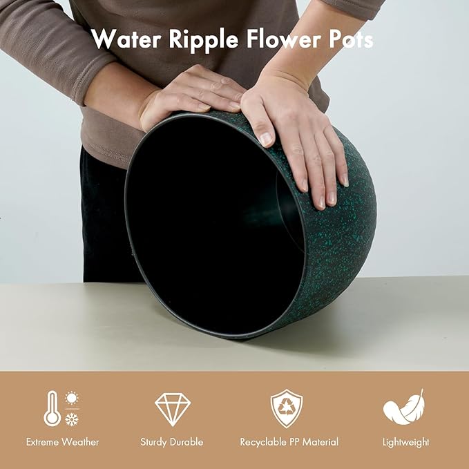 12 Inch Wide Water Ripples Flower Pots for Indoor or Outdoor Plants, Large Plant Pots with Drainage Holes & Saucer, Plastic Planters Set for Garden & Home Decor (Black with Green Speckles)