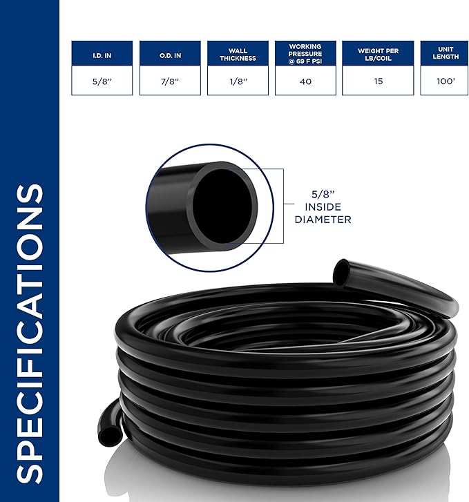 Alpine Corporation 100 Ft. PVC Tubing with 5/8" Inside Diameter for Ponds and Fountains, Black