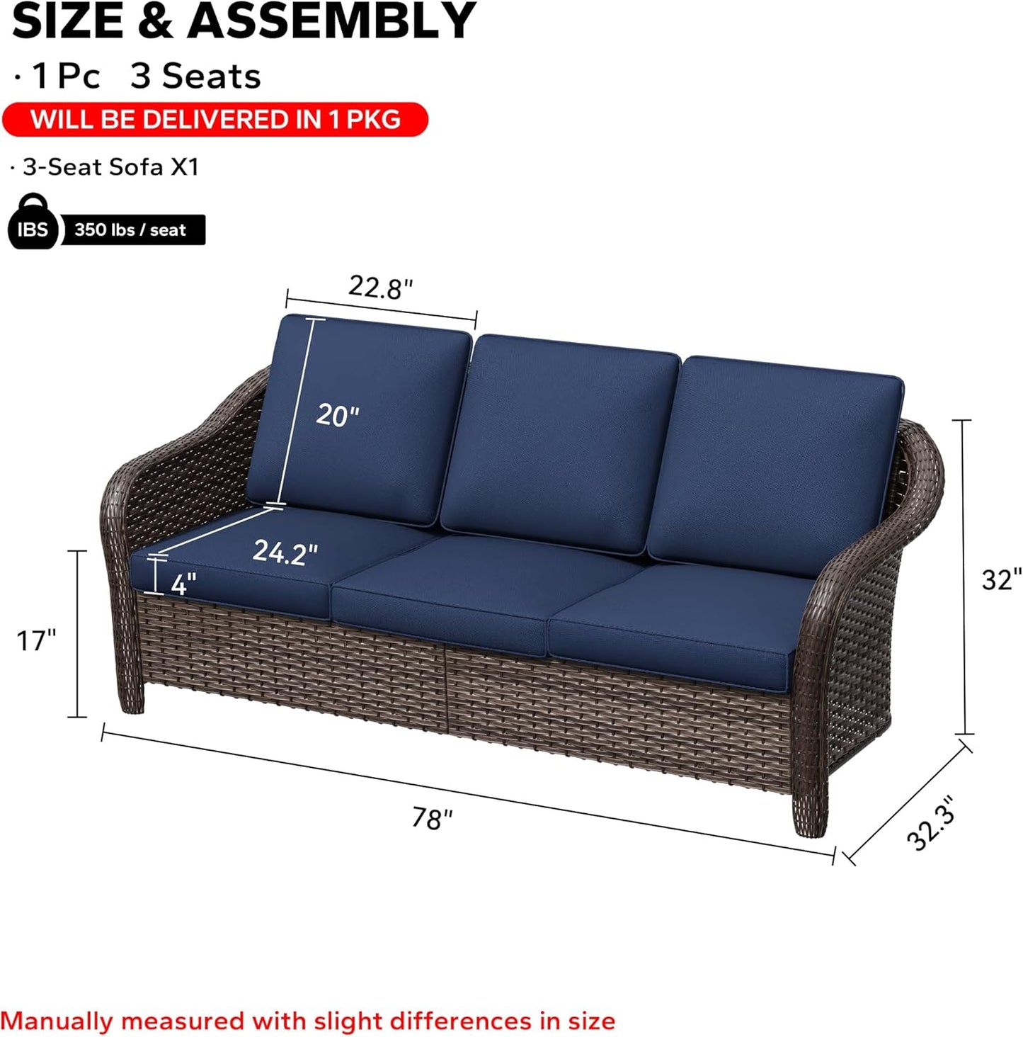 78" Wicker 3-seat Sofa, Outdoor Conversation Furniture, All-Weather Rattan Couch, Steel Frame Couch with Cushions for Garden, Poolside, Porch (Navy Blue)