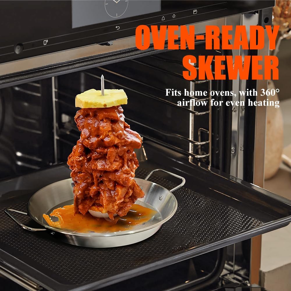 BBQ Vertical Skewer Pan Stainless Steel Gyro Spit Shawarma Stand for oven, Al Pastor Skewer for Grill, El Pastor Hack for Tacos Al Pastor Chicken, Brazilian, with 8",10",12" stick