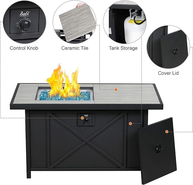 BALI OUTDOORS 42 inch 50,000 BTU Rectangular Propane Gas Fire Pit Table with Fire Glass and Table Lid, Fire Pits Outdoor for Garden, Patio, Backyard