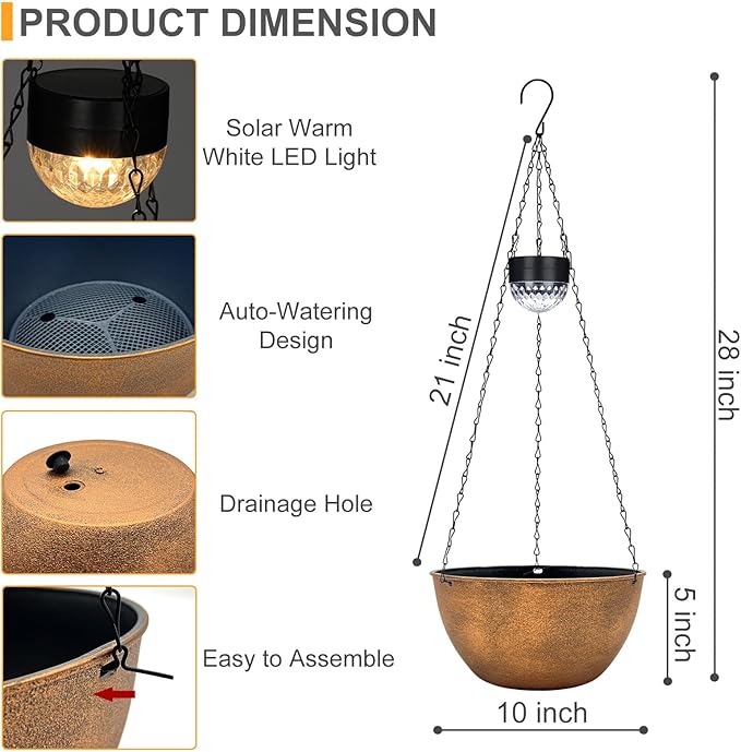 2 Packs Hanging Planters Basket for Outdoor Plants, Solar Powered Self Watering Bronze Round Plastic Flower Pots with Drainer for Balcony Patio Garden Outdoor Decoration