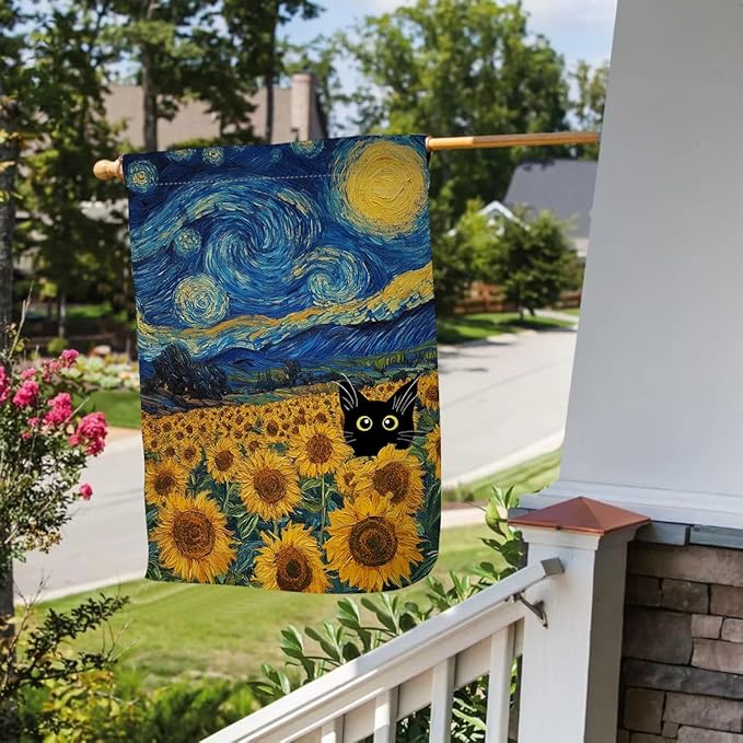 BLKWHT Summer Sunflower Cat House Flag 28x40 Vertical Double Sided Blue Sky Welcome Farmhouse Holiday Outside Decorations Burlap Yard Flag BW822-40