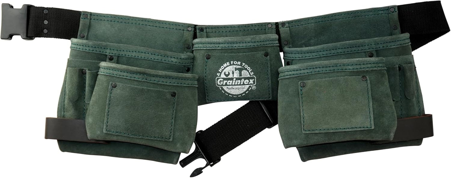Graintex DS2388 11 Pocket Hunter Green Color Suede Leather Tool Belt/Tool Bag/Apron, 2 Hammer Loops, Adjustable Belt | Construction, Carpenter, Roofing Tools, Drywall, Gardening