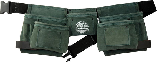 Graintex DS2388 11 Pocket Hunter Green Color Suede Leather Tool Belt/Tool Bag/Apron, 2 Hammer Loops, Adjustable Belt | Construction, Carpenter, Roofing Tools, Drywall, Gardening
