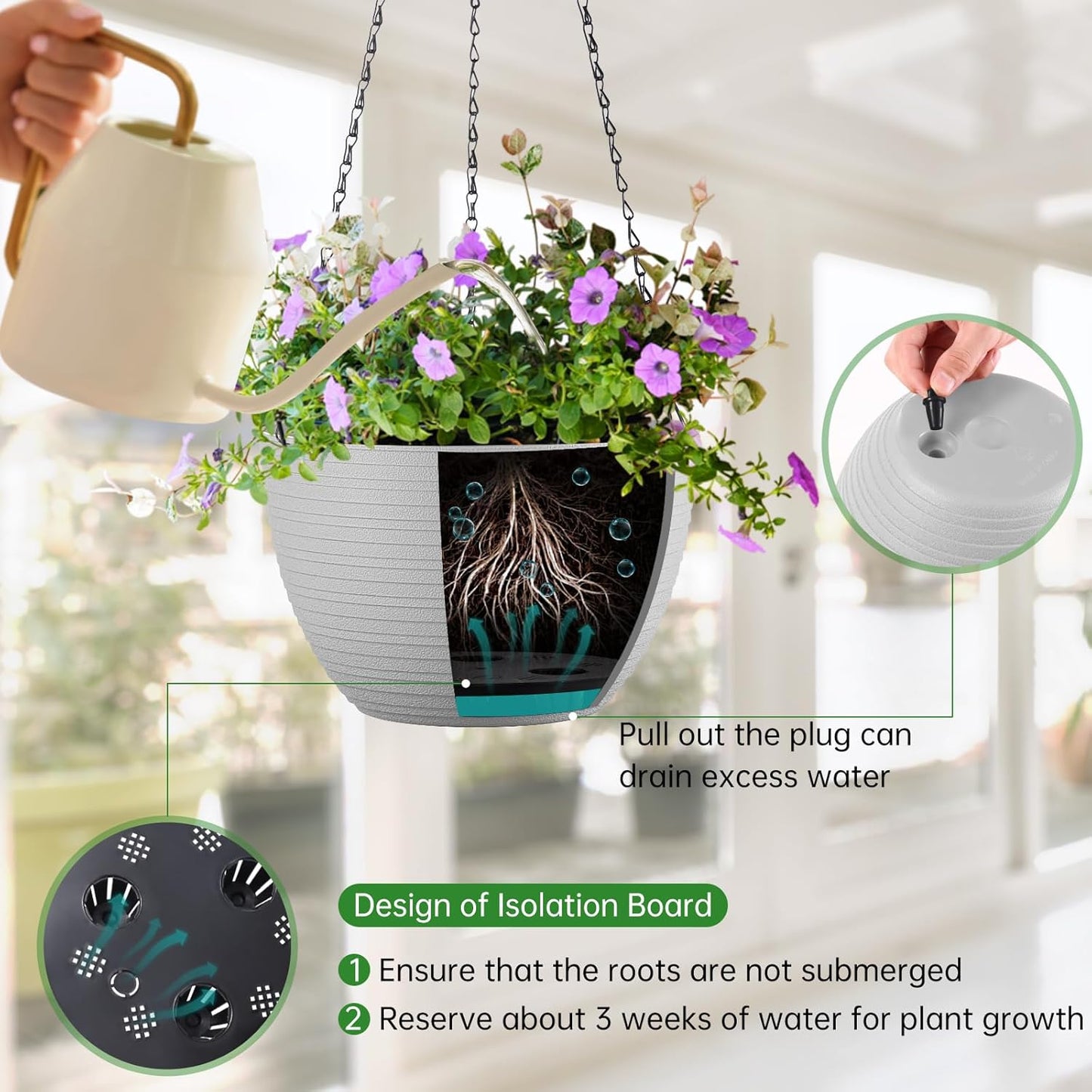 Hanging Planters for Indoor Outdoor Plants, Set of 2 Self Watering Hanging Pots with Drainage Hole & Plug and 20" Chain & Hooks