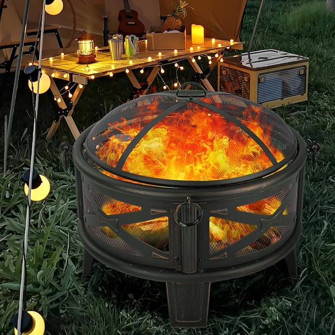 Breezz 26 Inch Wood Burning Fire Pit with Cooking Grill and Spark Screen, Outdoor Metal Round Firepit for Patio, Backyard, Bonfire Party, Camping