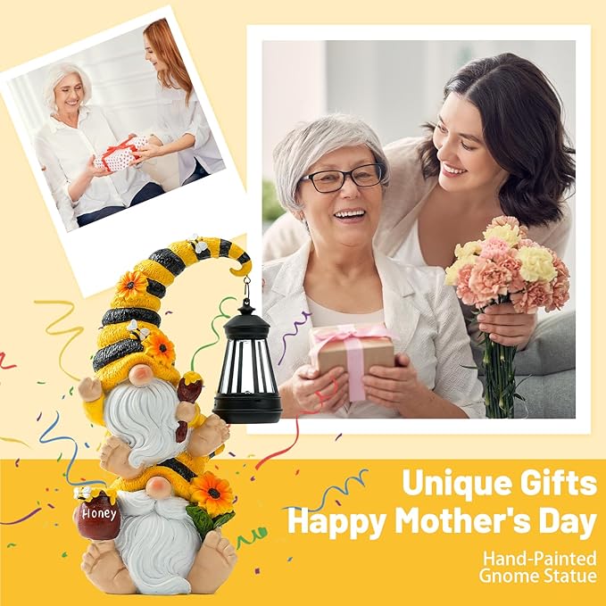 Garden Gnome Statue with Solar Lights – Large Outdoor Whimsical Decor for Patio, Lawn, Yard – Resin Waterproof Sculptures – Unique Birthday Gift for Grandma, Mom, Women