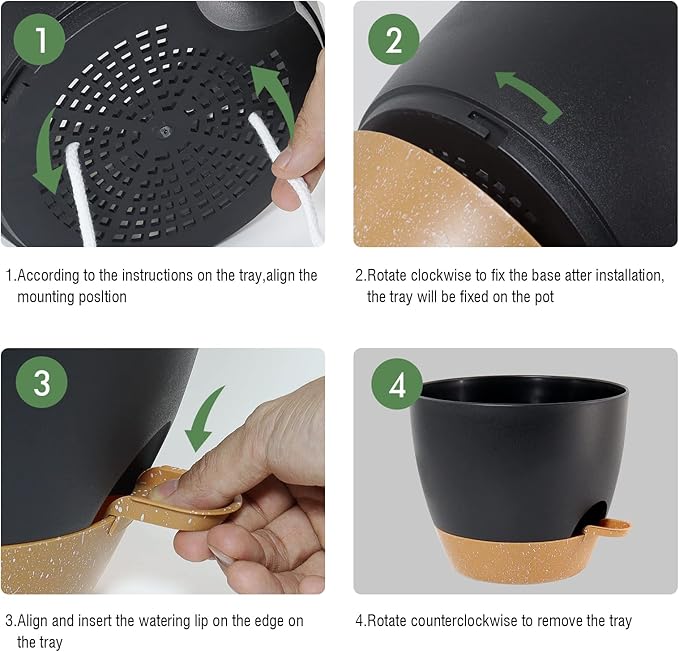 12 inch Large Self Watering Pots, Plastic Planters with 60oZ Removable Deep Reservoir and Multi Mesh Drainage Holes for Indoor Outdoor Garden Plants and Flowers, Black with Brown