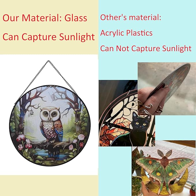 Hanging Stained Glass for Windows,20cm/7.87inch Owl Suncatcher Stained Glass Garden Hangings Ornaments Mother's Day Valentine's Day Halloween Fall Christmas Decor for Home (A Style)