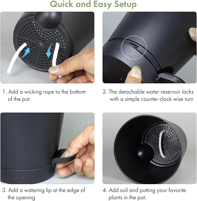 7/6.5/6/5.5/5/4 inch Self Watering Pots for Indoor Outdoor Plants, 6 Pack Plastic Flower Planters with Drainage Holes and Removable Saucers, Plant Pots with Wicking Rope, Modern Decor, Black