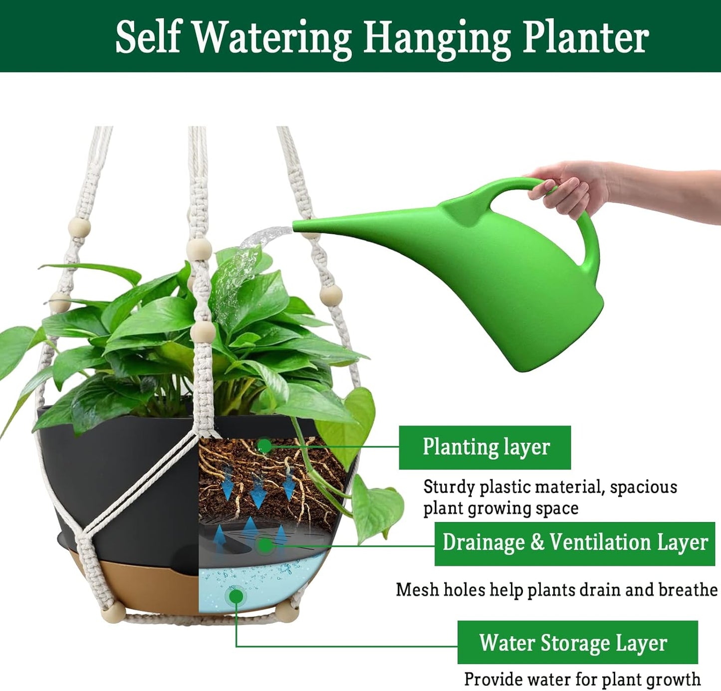 Hanging Planter Self Watering 10 Inch, 2 Pack Indoor Outdoor Hanging Baskets, Hanging Flower Pots with Drainage Hole & 2 Kinds of Plant Hangers for Garden Home Decor(Grey)…