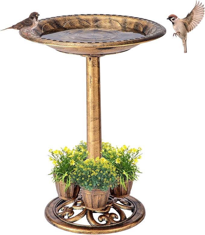 Bird Bath for Outside with 4 Removable Flower Planters 28in Polyresin Lightweight Vintage Birdbath for Outdoors Stake Standing Bowl and Water Feeder Yard Garden Decor Bronze