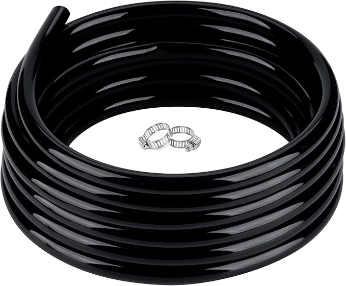 3/4" id - 25ft Black Vinyl Tubing Flexible PVC Tube Hybrid Hose Transfer Water Fuel Gas for Pond Fountain Garden Waterfall, Durable and Safe, with 2 Hose Clamps