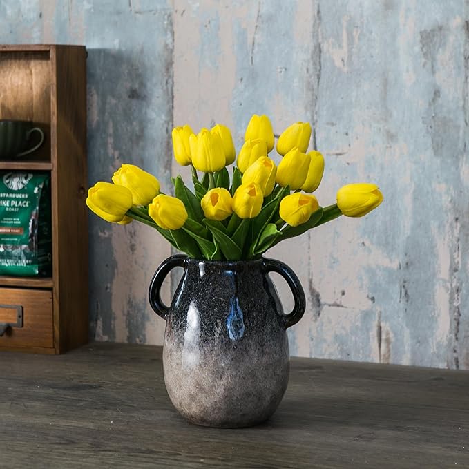 Blue Gradient Ceramic Vase with 2 Handles, Modern Farmhouse Decor, Rustic Terracotta Pottery, Decorative Clay Flower Vase, Centerpiece for Dining Table - 7 Inch