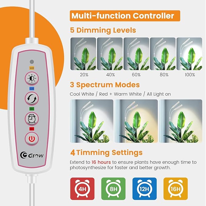 Grow Lights for Indoor Plants, 4-Head Full Specturm Plant Grow Light with 4/8/12/16H Timer, 3 Color Modes, 5 Brightness, 24-68.7in Height Adjustable Floor Growing Lamp for Tall Large Plants