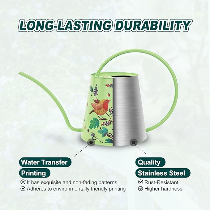 Berry&Bird House Plants Watering Can - Indoor & Outdoor 1/2 Gallon Stainless Steel Water Can with Long Spout Garden Decoration for Flower Bonsai Succulent Gardening Large Watwer Bottle(2L/Robin)