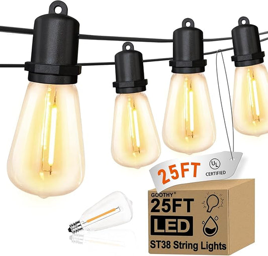 GOOTHY 25Ft LED Outdoor String Lights with 13 Edison Shatterproof Bulbs (1 Spare), ST38 Hanging Patio Lights Waterproof for Outdside Porch Deck Backyard Garden Commercial Grade Decorations Lights