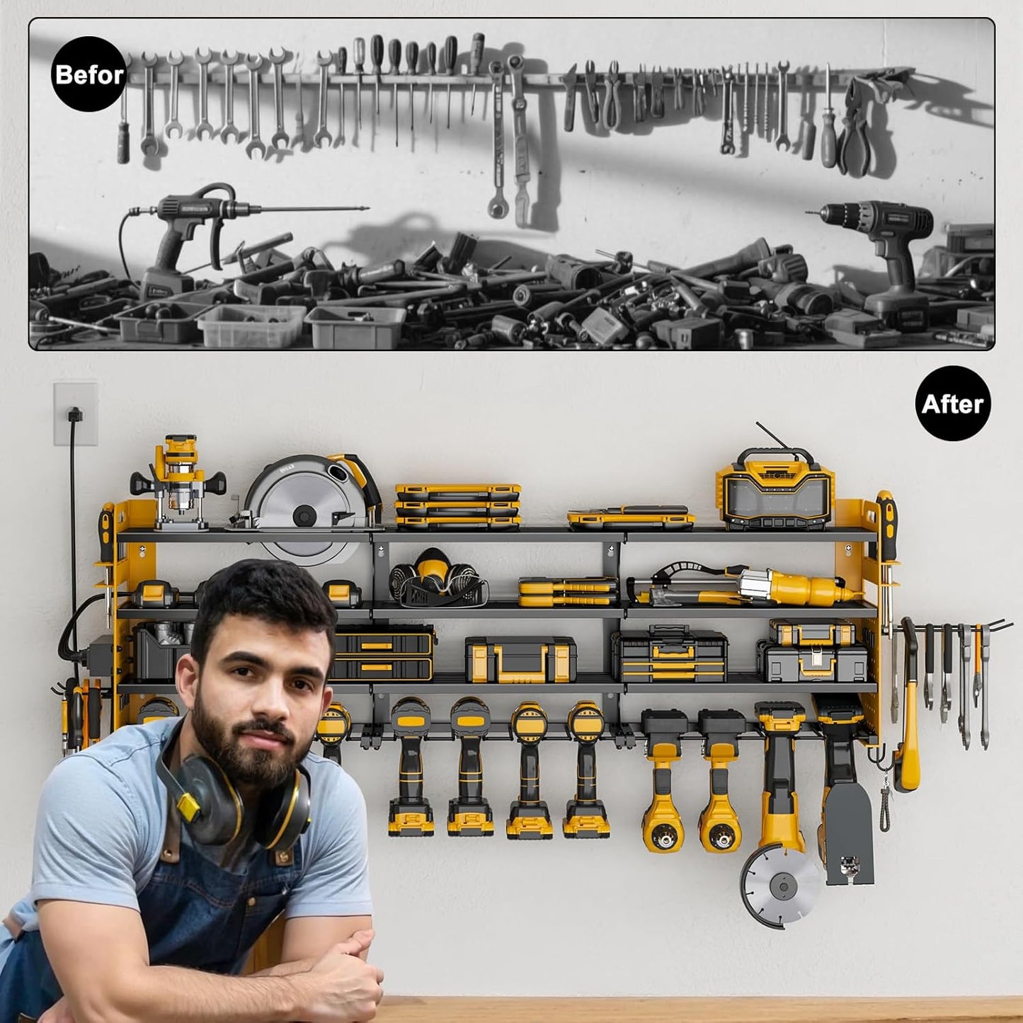 12 Cordless Drill Holder Large Power Tool Organizer Wall Mount with Side Pegboard & Screwdriver Holder, 4-Tier Heavy Duty Metal Tool Storage Rack with 4-Outlet Power Strip