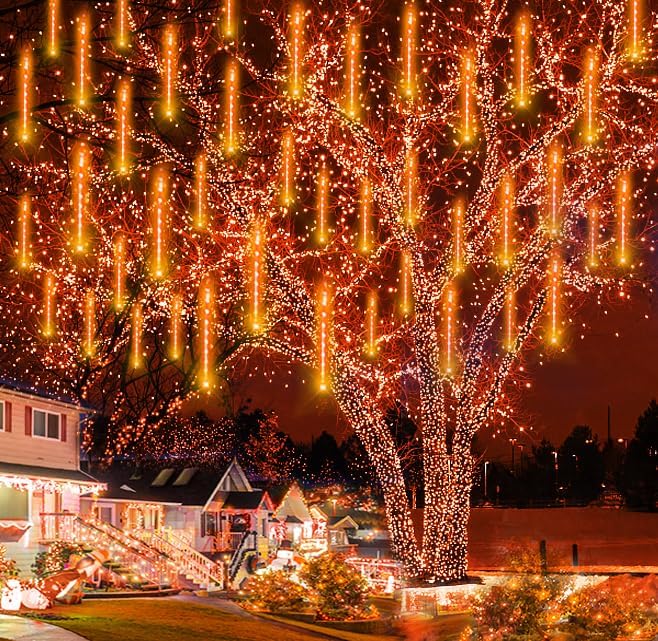 Halloween Decorations Outside, 16 Inch 256 LED Meteor Shower Orange Halloween Lights Outdoor for Yard Tree Windows Eaves, Falling Rain Lights for Christmas Halloween Thanksgiving Fall Decor, UL Plug
