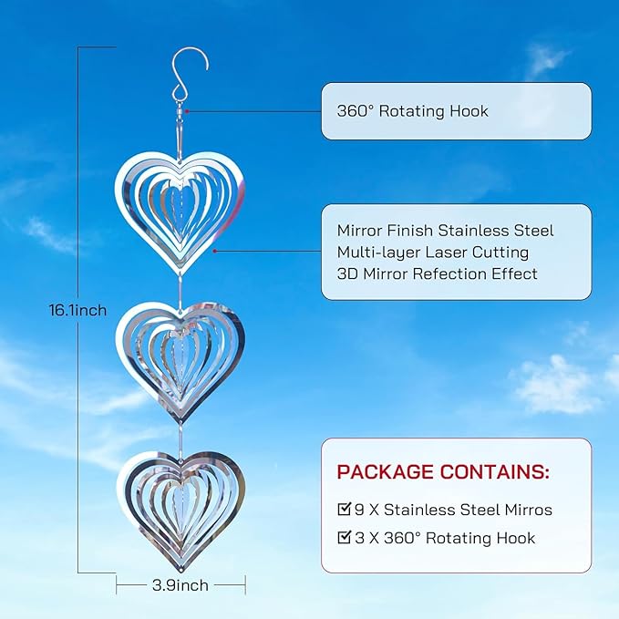 Bird Deterrents for Outside, Reflective 3D Stainless Steel Wind Spinners, Garden Decor, Bird Scare Devices to Keep Woodpeckers, Pigeons Away from Your House, Patio, Orchards