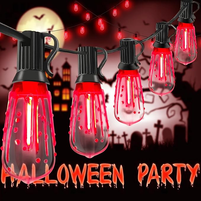 Abeja LED Flame String Lights, 10Ft ST40 Halloween Flicker Flame String Lights with 10 LED Flame Bloody Tears Bulbs, Hanging Outdoor Halloween Light for Patio Garden Party Backyard -Black