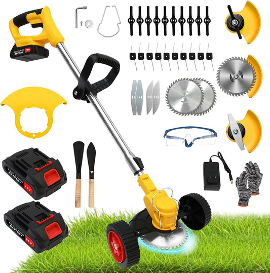 21V Electric Weed Wacker Cordless Grass Trimmer with 2x2000mAh Batteries & Fast Charger, 3 in 1 Stringless Lightweight Brush Cutter/Edger/Mower with 3 Types Blade & Wheels for Garden and Yard Lawn